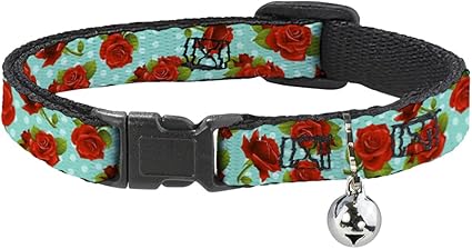 Cat Collar Breakaway Red Roses Polka Dots Turquoise 8 to 12 Inches 0.5 Inch Wide