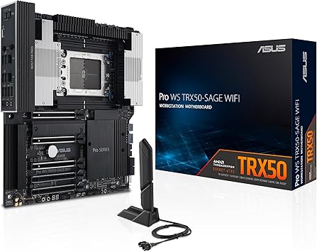 ASUS Pro WS TRX50-SAGE WIFI CEB Workstation motherboard, AMD Ryzen Threadripper PRO 7000 WX,ECC R-DIMM DDR5, 36 power-stage, WiFi 7,PCIe 5.0 x 16,PCIe 5.0 M.2, 10 Gb and 2.5 Gb LAN, multi-GPU support.