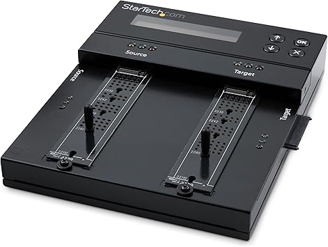 StarTech.com Standalone Dual Bay M.2 SATA/NVMe Duplicator/Eraser, HDD/SSD Cloner/Wiper for M.2 PCIe AHCI/NVMe, M.2 SATA, 2.5/3.5in Drives, Hard Drive Sanitizer/Copier, TAA (SM2DUPE11),Black