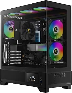 GAMDIAS Mid Tower Gaming Computer Case w/Display& App, ATX Tempered Glass PC Case, Built-in 3X 120mm ARGB PWM Fans, Up to RTX 4000 GPU/VGA 410mm& 360mm AIO/Radiator& 6x120mm Fans& 160mm CPU Cooler