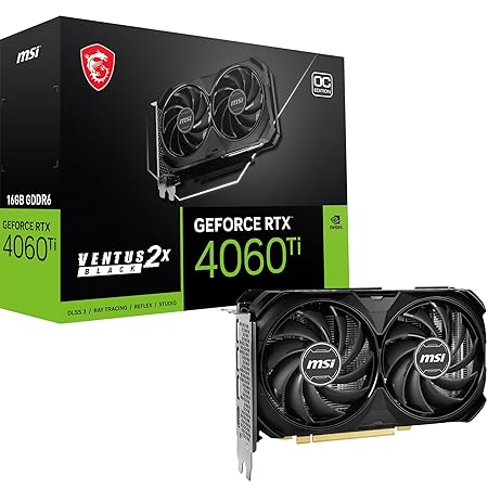 MSI GeForce RTX 4060 Ti Ventus 2X Black 16G OC Graphics Card - RTX 4060 Ti GPU, 16GB GDDR6 (18Gbps/128-bit), PCIe 4.0-2 x TORX Fan 4.0 - HDMI 2.1a, DisplayPort 1.4a