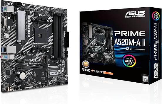 ASUS Prime A520M-A II/CSM AMD AM4(3rd Gen Ryzen) microATX Commercial Motherboard(ECC Memory,M.2 Support,1Gb Ethernet, DP/HDMI 2.1/D-Sub, 4K@60HZ, USB3.2 Gen1Type-A, ARGBheader with AURAsync)