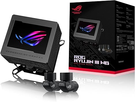 ASUS ROG RYUJIN III WB CPU Water Block-Intel LGA 1700, 1200, 115X, AMD Socket AM4, AM5 Asetek Copper Cold Plate Black, 178 Micro-Cooling, 3.5Inch Full Color LCD Display, Embedded VRM Fan, ROG Fittings