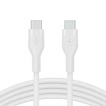 Belkin BoostCharge Flex Silicone USB-C to USB-C Cable (3M/10FT), MFi-Certified Charging Cable for iPhone 16 Series, Samsung Galaxy Series, Google Pixel, & More with Cable Clip - White