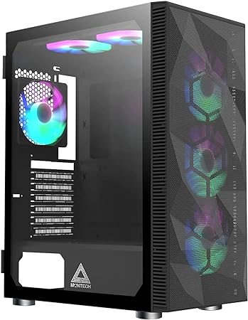 Montech X3 Mesh, 6 Fans - 3x 140mm & 3x 120mm Fixed RGB Lighting Fans, ATX Mid-Tower PC Gaming Case, USB3.0, Door Open Tempered Glass Side Panel, High Airflow, Black