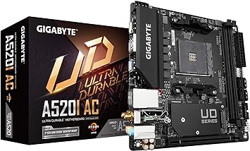 Gigabyte A520I AC (AMD Ryzen AM4/Mini-ITX/Direct 6 Phases Digital PWM with 55A DrMOS/Gaming GbE LAN/Intel WiFi+Bluetooth/NVMe PCIe 3.0 x4 M.2/3 Display Interfaces/Q-Flash Plus/Motherboard)