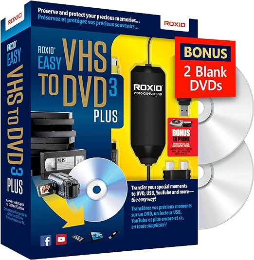 Roxio Easy VHS to DVD 3 Plus VHS, Hi8, V8 Video to DVD or Digital Converter Amazon Exclusive 2 Bonus DVDs [Windows Disc]