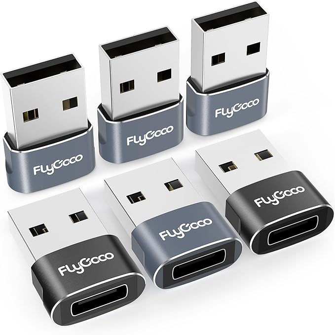 FlyCoco USB to USB C Adapter 6 Pack, USB C Female to A Male Charger Type C Converter for Apple Watch Ultra 9 10, iPhone 16 15 14 13 Plus Pro Max, AirPods 3,iPad Air, Samsung Galaxy S24, Car