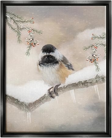 Stupell Industries Bird on Winter Branch Black Framed Floater Canvas Wall Art Design by Kelley Parker