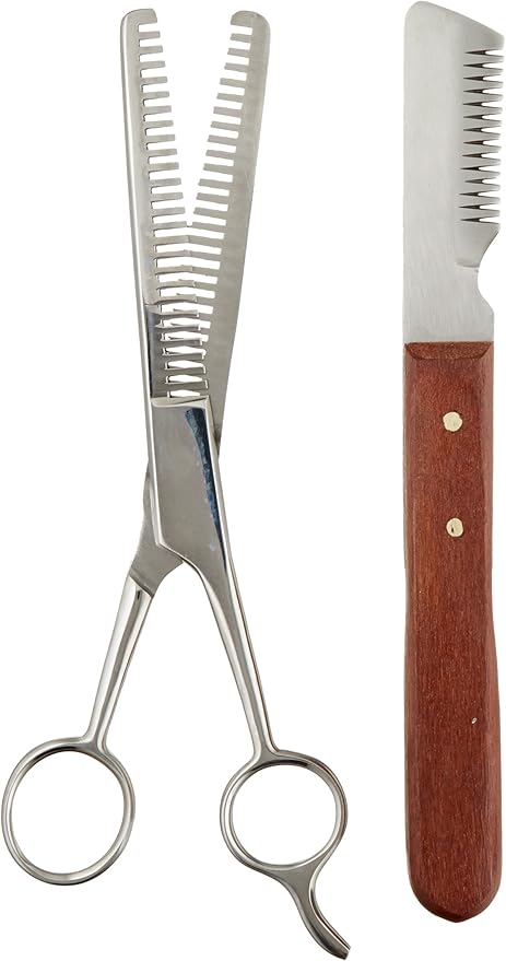 Trimming Kit, Stripping Set of 2, Leather Case, Double Tooth Thinning Shear, Medium Stripping Knife, Great for Horses, Stainless Steel