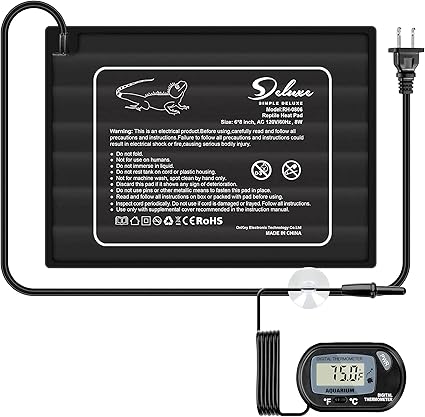 Simple Deluxe 6 X 8 Inch 8W Reptile Heating Pad with LCD Digital Aquarium Thermometer Under Tank Heater Terrarium Warmer Heat Mat for Amphibians and Reptiles Pet, Black