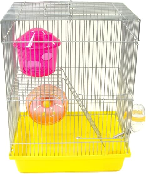 YML Double Story Hamster Cage with Small Wheel, Dish and Water Bottle and Assorted Colors on Base and Wheels, 10.5-Inch by 8-Inch by 15-Inch