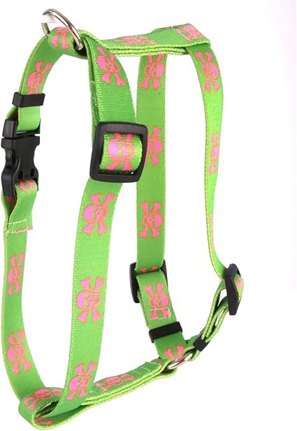 Yellow Dog Design Green and Pink Skulls Roman Style H Dog Harness, X-Large/1