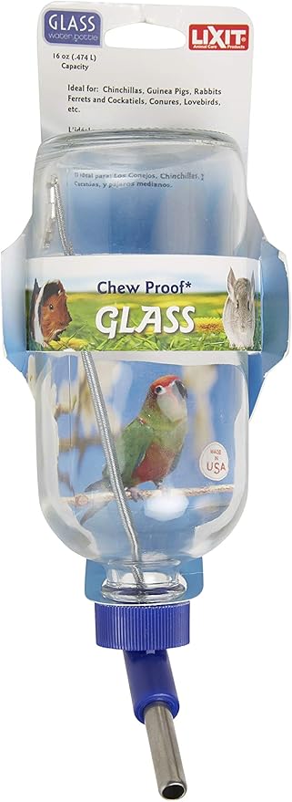 Lixit Glass Water Bottles for Rabbits, Ferrets, Small Birds, Guinea Pigs, Rats, Hamsters and Other Pets (Birds and Small Animals, 16oz)