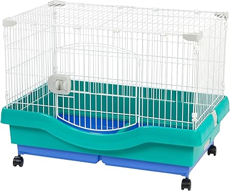 IRIS USA Large Portable Wire Rabbit Cage with Top Access and Two Tray Division, Easy Access Secure Lock and Easy to Clean Movable House for Small Sized Animals Rabbit Guinea Pigs Rat Hamster, Green