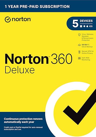 Norton 360 Deluxe 2024, Antivirus software for 5 Devices with Auto Renewal - Includes VPN, PC Cloud Backup & Dark Web Monitoring [Key Card]