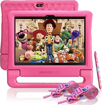 Dragon Touch Kids Tablet 10 inch IPS HD Display Android Tablets with 32GB Storage, 2GB RAM, Quad Core Processor, KIDOZ Pre-Installed, Kid-Proof Case, Shoulder Strap and Stylus, WiFi Only – Pink