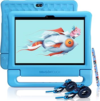 Dragon Touch Kids Tablet 10 inch IPS HD Display Android Tablets with 32GB Storage, 2GB RAM, Quad Core Processor, KIDOZ Pre-Installed, Kid-Proof Case, Shoulder Strap and Stylus, WiFi Only – Blue