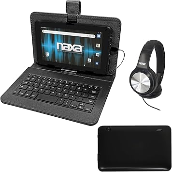 Naxa NID-7056 Android 11 Tablet with 7” HD TN Screen USB Keyboard Case and Headphone, 1.6 GHz Quad Core Processor, 2GB Ram, 32GB Storage, Front and Rear Cameras, Speaker and Microphone, Black