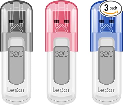 Lexar 32GB 3-Pack JumpDrive V100 USB 3.2 Gen 1 Flash Drive for Storage Expansion and Backup, Up To 100MB/s Read, Gray, Pink, Blue (LJDV100032G-B3NNU)