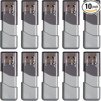 PNY 32GB Turbo Attaché 3 USB 3.0 Flash Drive, 10-Pack, Grey, P-FD32GX10TBOP-MP, 100MB/s, Light-Weight Durable - Data Storage and Transfer