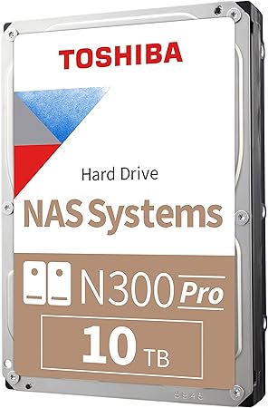 Toshiba N300 PRO 10TB Large-Sized Business NAS (up to 24 bays) 3.5-Inch Internal Hard Drive - Up to 300 TB/year Workload Rate CMR SATA 6 GB/s 7200 RPM 512 MB Cache - HDWG51AXZSTB