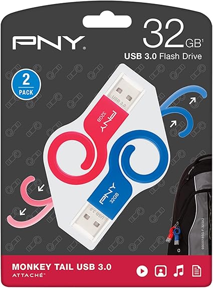 PNY Monkey Tail USB 3.0 Flash Drive, 32GB 2-PK, Blue & Red (P-FDU32GX2TBMNK-GE)