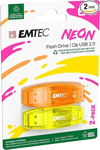 EMTEC C410 Neon 64GB Flash Drive - USB 2.0 - Transparent Neon with Cap, Pack of 2