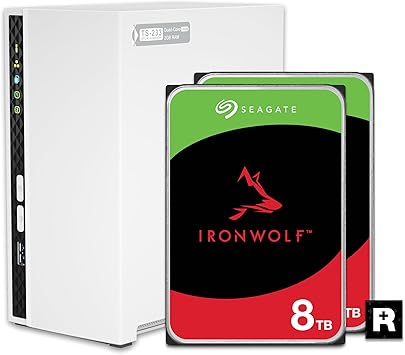 QNAP 2 Bay Home NAS with 8TB Storage Capacity, Preconfigured RAID 1 Seagate IronWolf Drives Bundle, with 1GbE Ports (TS-233-28ST-US)