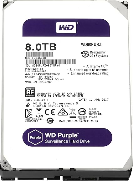 WD Purple 8TB Surveillance Hard Disk Drive - 5400 RPM Class SATA 6 Gb/s 128MB Cache 3.5 Inch - WD80PURZ