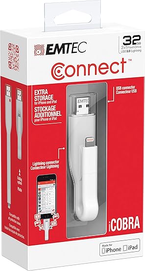 Emtec iCobra Lightning Flash Drive, 32GB, for iPhone, iPad, iPad, White ( ECMMD32GT503 )