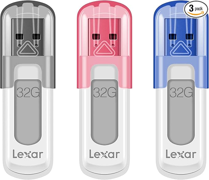 Lexar 32GB 3-Pack JumpDrive V100 USB 3.2 Gen 1 Flash Drive for Storage Expansion and Backup, Up To 100MB/s Read, Gray, Pink, Blue (LJDV100032G-B3NNU)