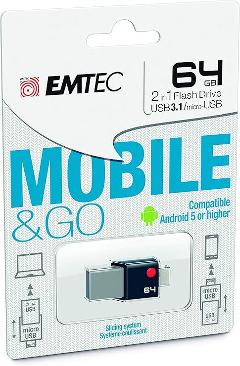 Emtec USB 3.0 & Micro USB Duel Flash Drive, 64 GB (ECMMD64GT203)