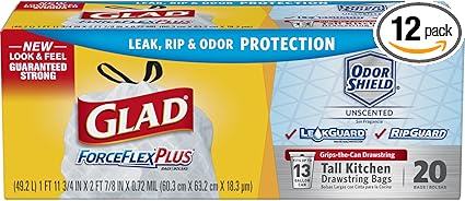 Glad Trash Bags, ForceFlex Drawstring Tall Kitchen Garbage Bags, Unscented, 13 Gallon, 20 Count (Pack of 6)