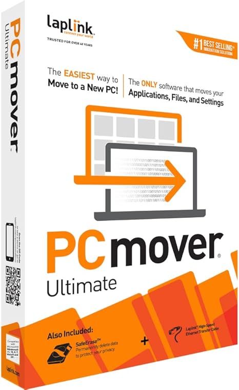 Laplink PCmover Ultimate 11 - Easily Transfer Files to New Computer - Efficient Migration of Applications from Old PC to a New PC - Data Transfer Software - Includes Optional Ethernet Cable - 1 Use