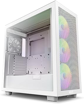 NZXT H7 Flow RGB CM-H71FW-R1 - Compact ATX Mid-Tower PC Gaming Case – High Airflow Perforated Front Panel – Tempered Glass Side Panel – 3 x F140 RGB Core Fans Included – 360mm Radiator Support – White