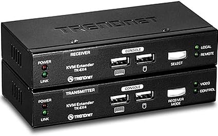 TRENDnet KVM Extension Kit, Extend Keyboard/Video/Mouse Controls, up to 100 Meters (328 ft.), Hot-Keys, Transmitter, Receiver, PS/2, VGA, TK-EX4 Black