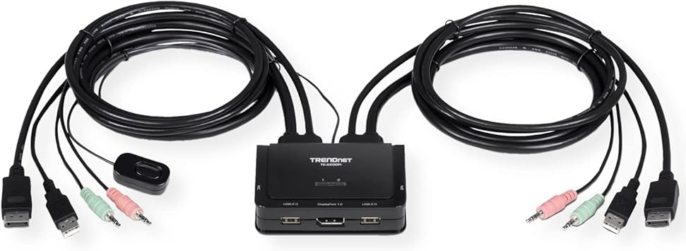 TRENDnet 2-Port 4K DisplayPort 1.2 KVM Switch with Audio, 4K UHD (3840 x 2160@60Hz), 3.5mm Speaker/Microphone, USB 2.0, Integrated Cables, Black, TK-220DPI