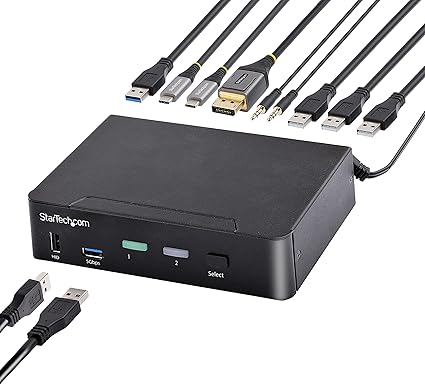 StarTech.com USB C KVM Switch, 2 Port DisplayPort KVM w/ 4K 60Hz UHD HDR Video, 3.5mm Audio, 4X USB HID and 2X USB A 3.2 Gen 1 5Gbps Hub, Hot Key Switching, Thunderbolt 3/4 Compatible (SV231DPUCA)