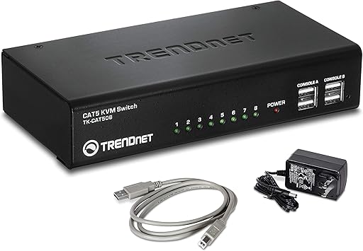 TRENDnet 8-Port CAT5 KVM Switch, CAT5 Cables up to 30m, USB, PS/2, Hot-Keys, VGA, Dual Console, TK-CAT508,Black