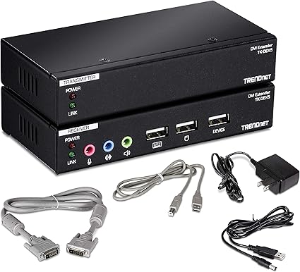 TRENDnet DVI KVM Extension Kit with Audio Support, Distances up to 50m (164 ft.), KVM Extender, USB 2.0, Transmitter, Receiver, Cat5e/Cat6, USB Device Port, TK-DEX5,Black