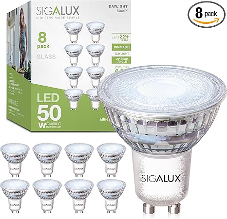 Sigalux GU10 LED Light Bulbs, Dimmable 5000K Daylight White Natural Light, 4.5W 450LM, MR16 LED Bulb Equivalent 50W Halogen Replacement, 35 Degree Spot for Track Light Bulb, Pack of 8