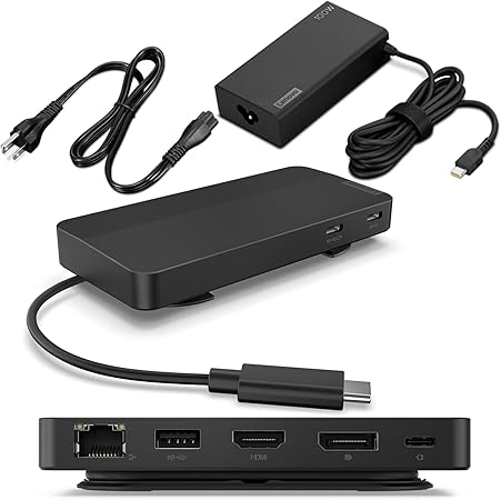 Lenovo USB-C Dual Display Travel Dock w/ 100W Power Adapter - 7 Ports, Integrated USB-C Cable, Universal Compatibility, Dual Displays at 4K - Black