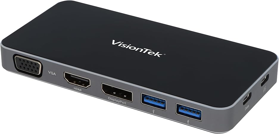 VisionTek VT200 Portable USB-C Dual Monitor Hub - 1x DP, 1x HDMI, 1x VGA, 2X USB-A Ports, 1x USB-C for Windows/MacOS/ChromeOS/iOS