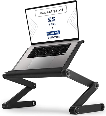 WorkEZ Executive Adjustable Laptop Stand for Desk w/2 Fans & 3 USB Ports, Ergonomic Foldable Laptop Holder Portable Computer Stand Laptop Riser, Black