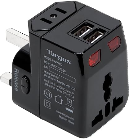 Targus World Travel Power Adapter with Dual USB Charging Ports for Laptop, Phone, Tablet, or Other Mobile Device (APK032US)