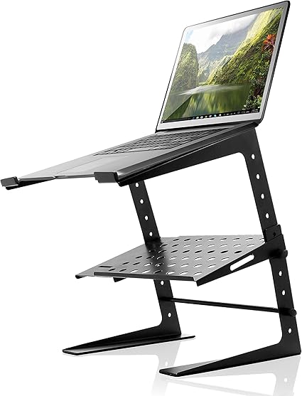 Pyle Portable Adjustable Laptop Stand - 6.3 to 10.9 Inch Standing Table Monitor or Computer Desk Workstation Riser with Shelf Storage and Height Alignment for DJ, PC, Gaming, Home or Office - PLPTS26