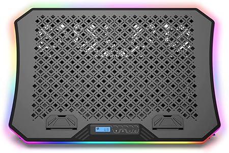 Aluratek Ergonomic USB Laptop Cooling Pad with RGB Lights (10 Patterns), 3 Quiet Fans, Smart Phone, Portable, Adjustable Height, Supports up to 19