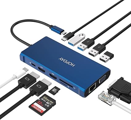 HOPDAY USB C Docking Station - 12 in 1 Triple Display USB C Hub with HDMI, VGA, Ethernet, 100W PD, 4 USB, and SD/TF Card Reader for Laptop and Tablet, Other Type C Device