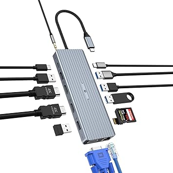 14 in 1 USB C Docking Station, USB C Adapter with Dual 4K HDMI, VGA, USB A 3.1, USB C 3.1, 4 USB A 2.0 Ports, Gigabit Ethernet, SD/TF Card Readers, 100W PD, and 3.5mm